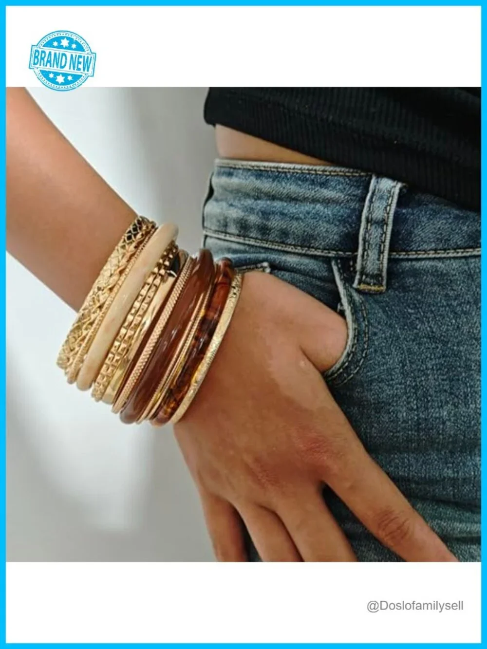 Stackable Gold Bangle Bracelets Set Resin Metal Chunky Hammered Wrap Jewelry